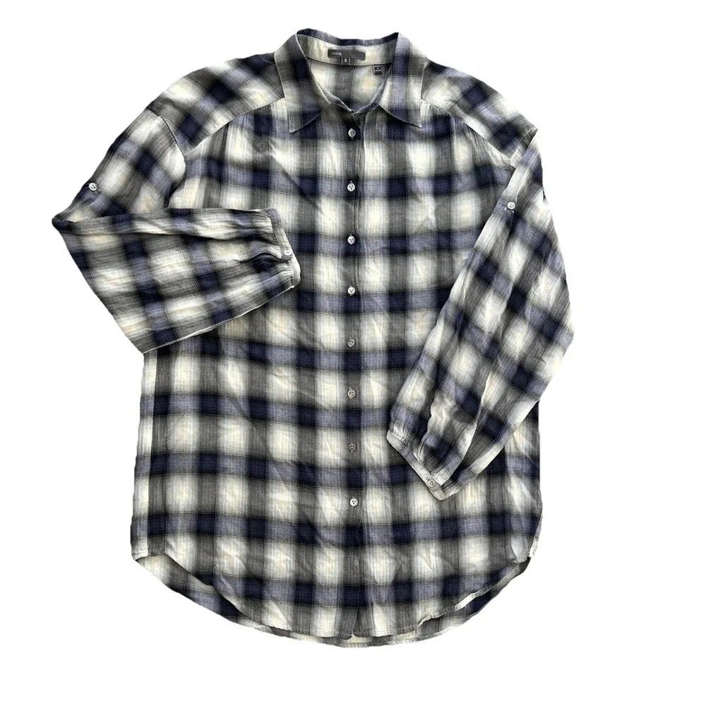 Vince Women's Oversized Plaid 100% Cotton‎ Roll Tab Sleeve Button Down Shirt S